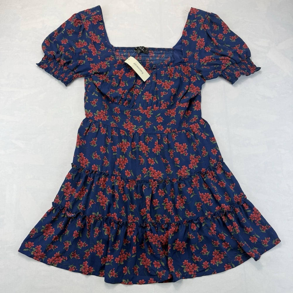 Trixxi Clothing Co NWT Blue Red Floral Smocked Puff Sleeve Mini Dress XL
